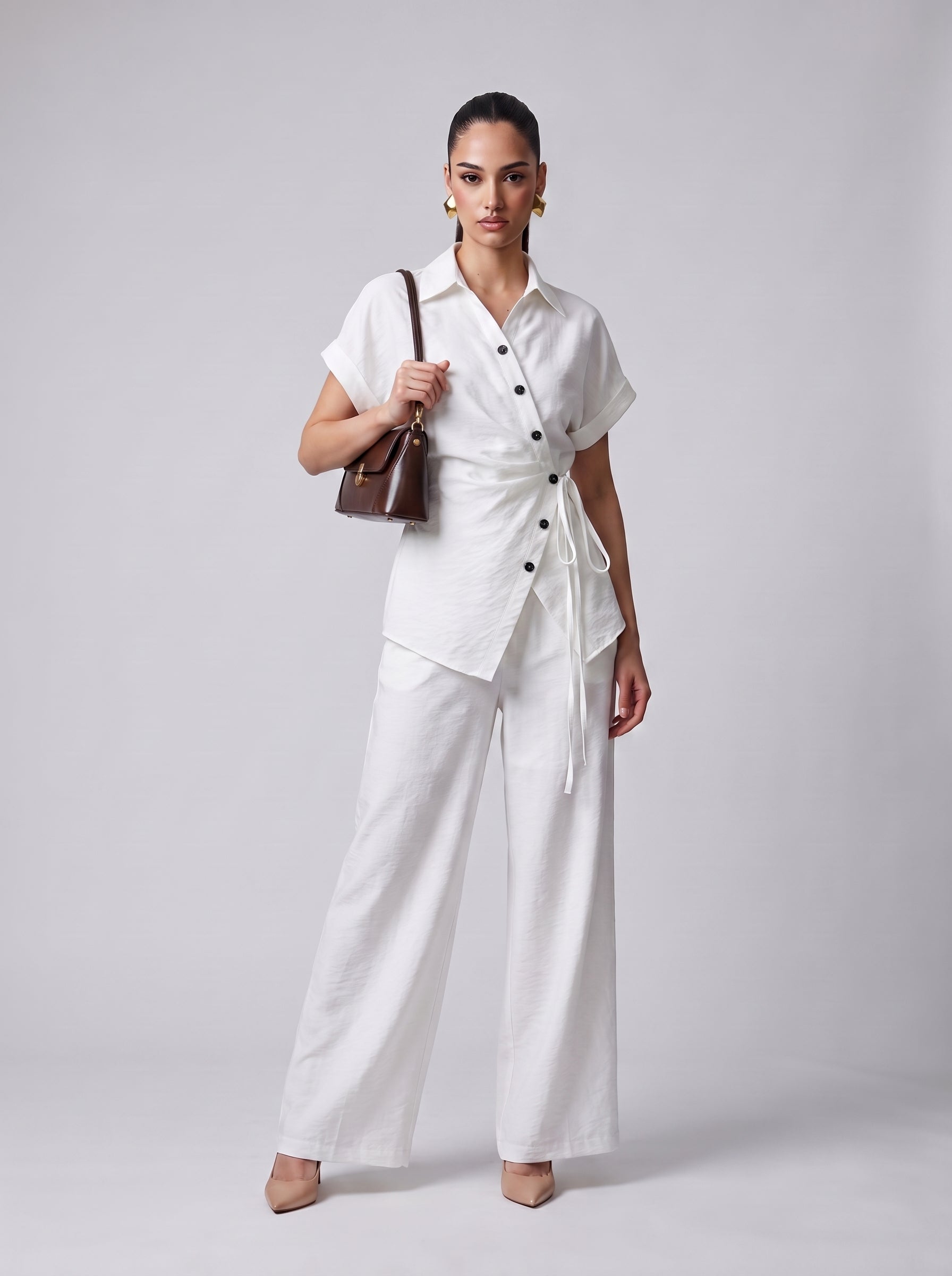 Side-Tie Wrap Shirt & Wide-Leg Trousers white Co-ord Set