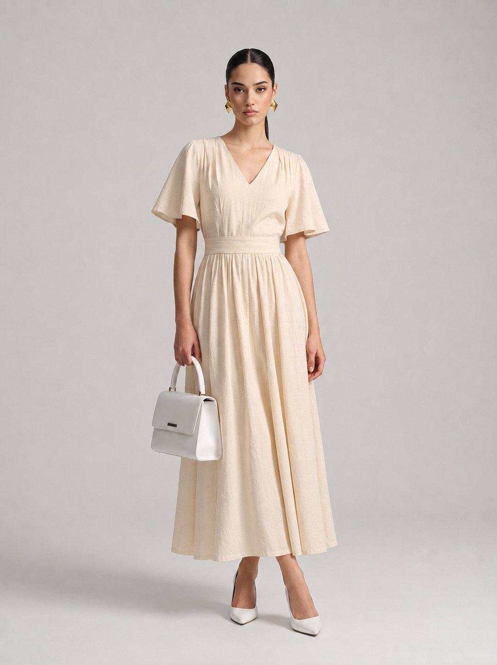 Textured Crinkle V-Neck Flutter Sleeve Midi Dress