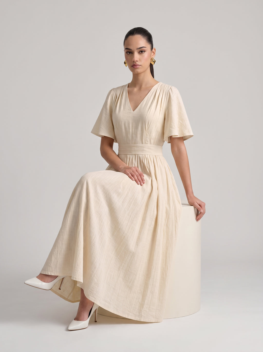 Textured Crinkle V-Neck Flutter Sleeve Midi Dress