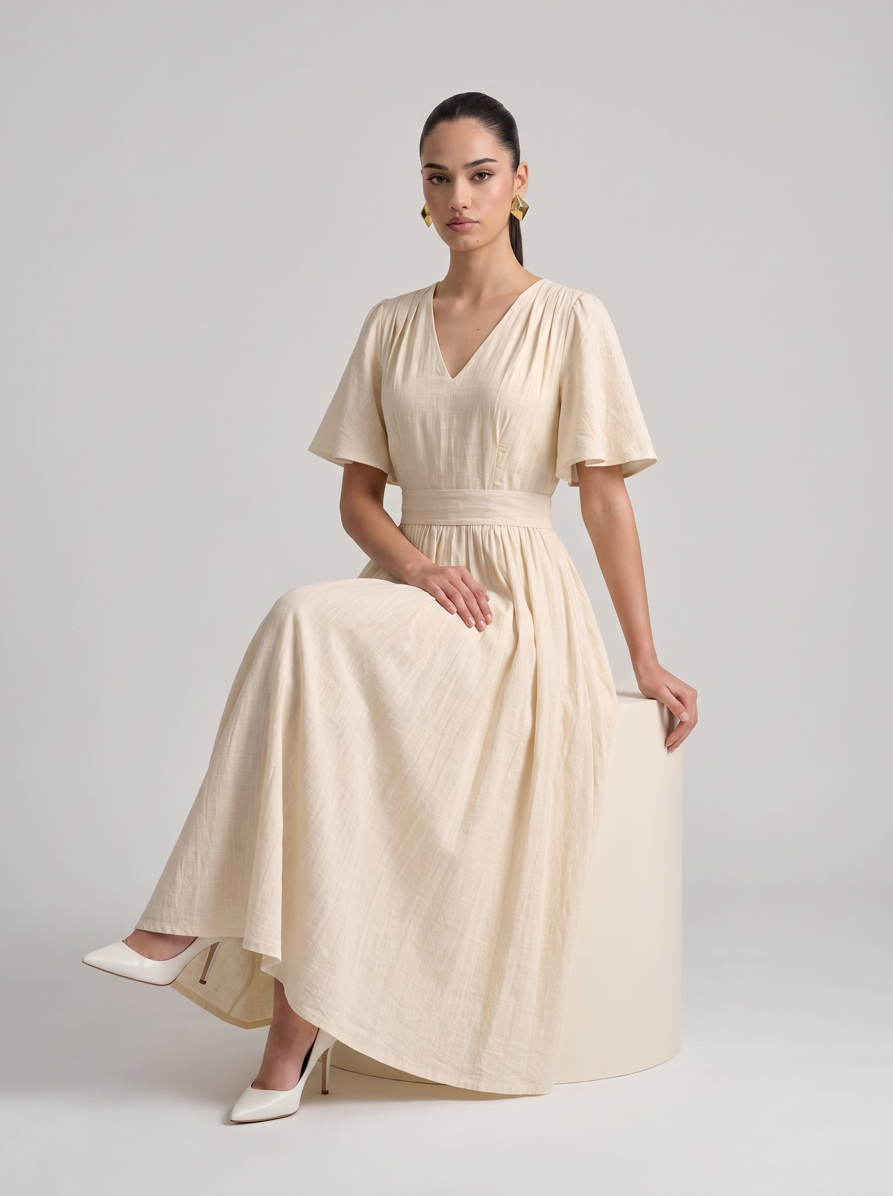 Textured Crinkle V-Neck Flutter Sleeve Midi Dress