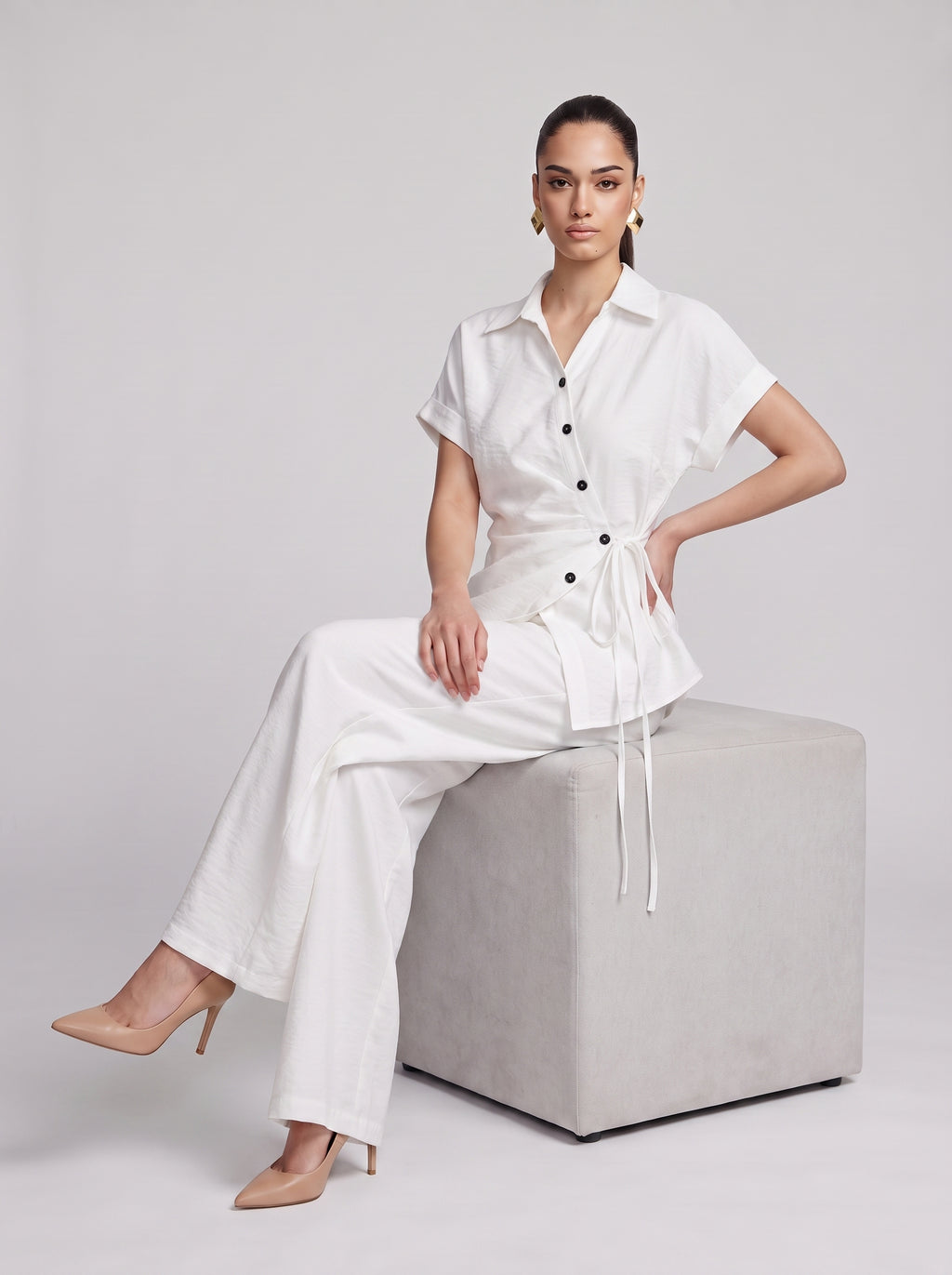 Side-Tie Wrap Shirt & Wide-Leg Trousers white Co-ord Set