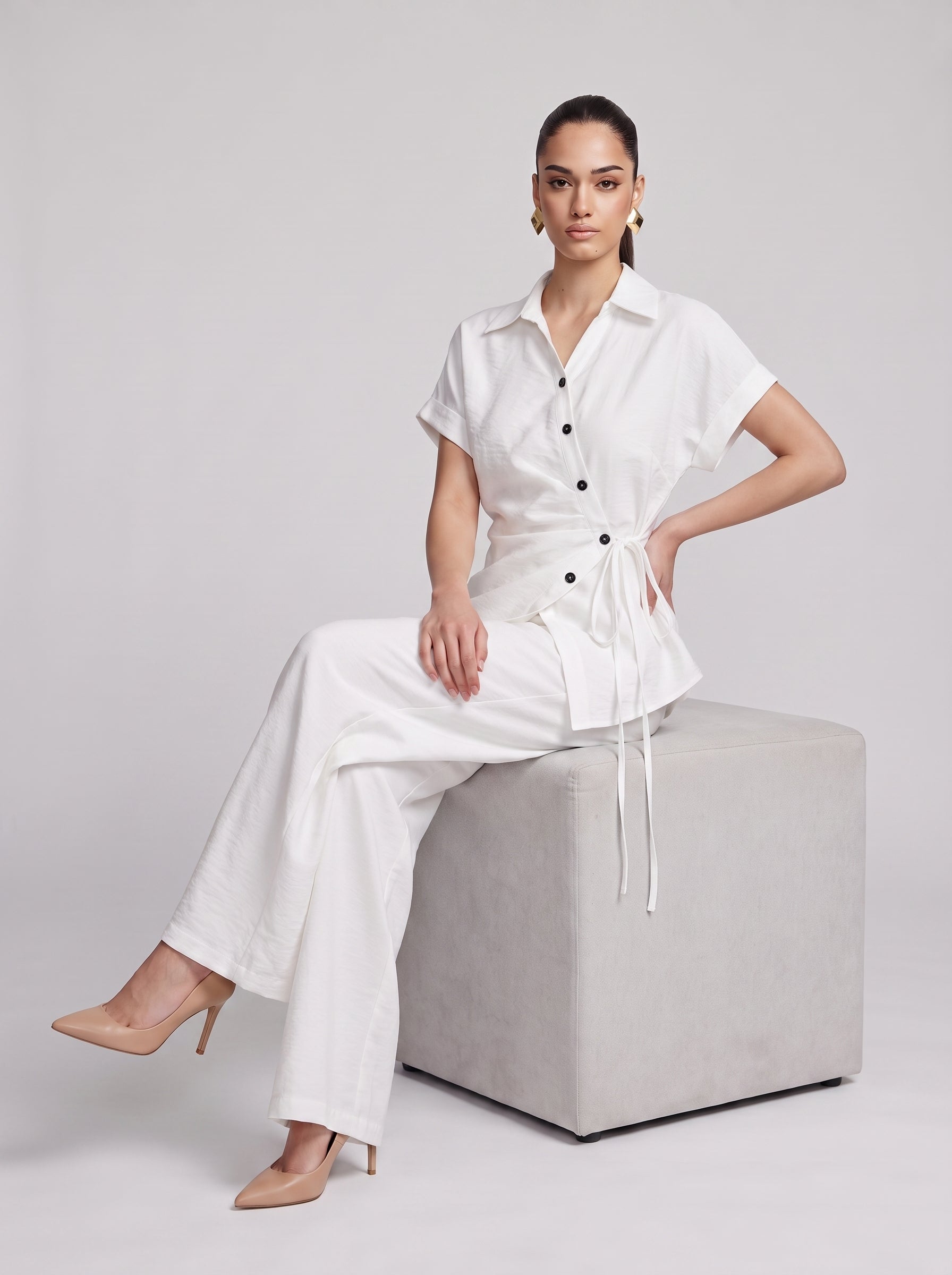 Side-Tie Wrap Shirt & Wide-Leg Trousers white Co-ord Set