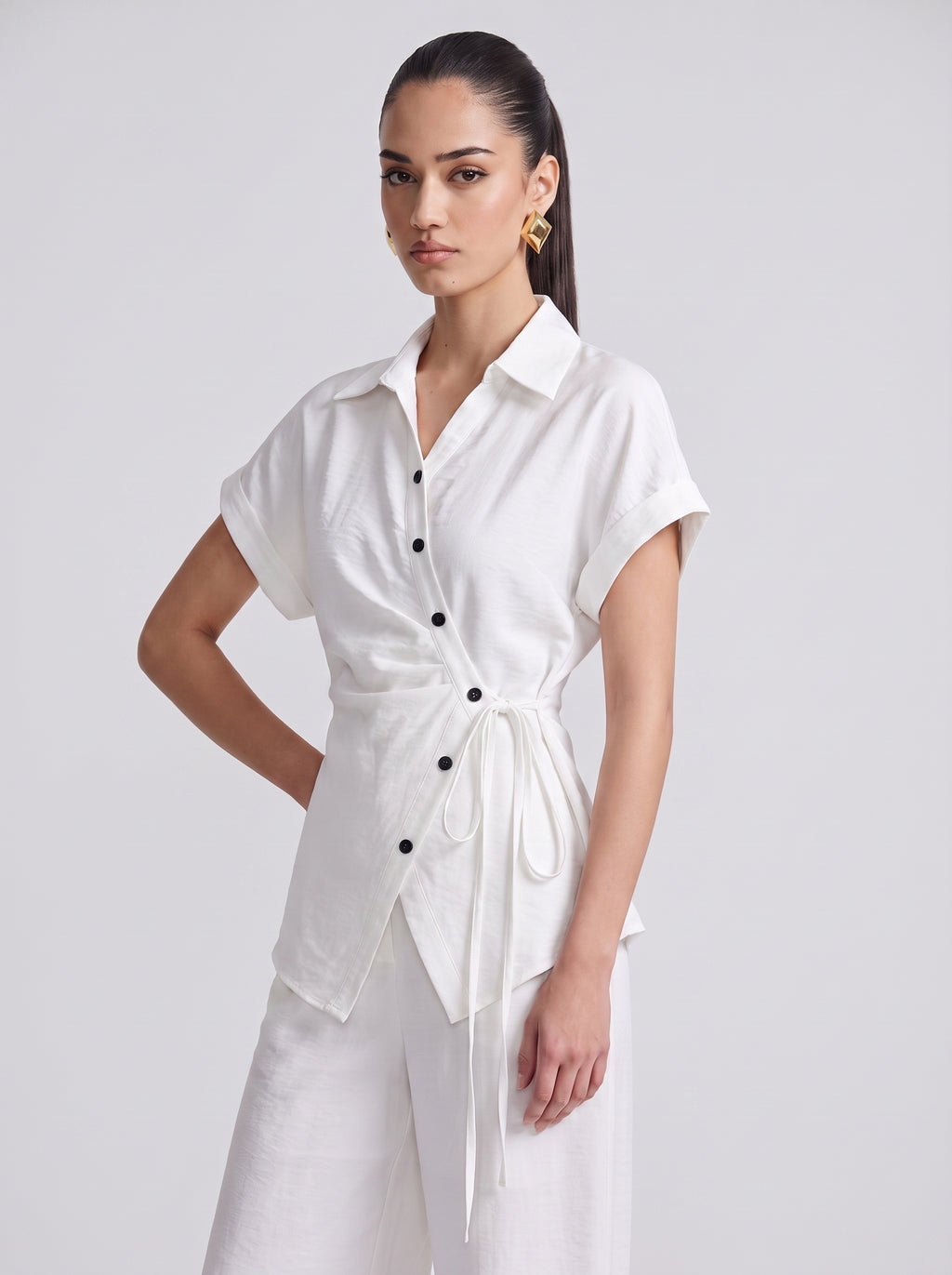 Side-Tie Wrap Shirt & Wide-Leg Trousers white Co-ord Set
