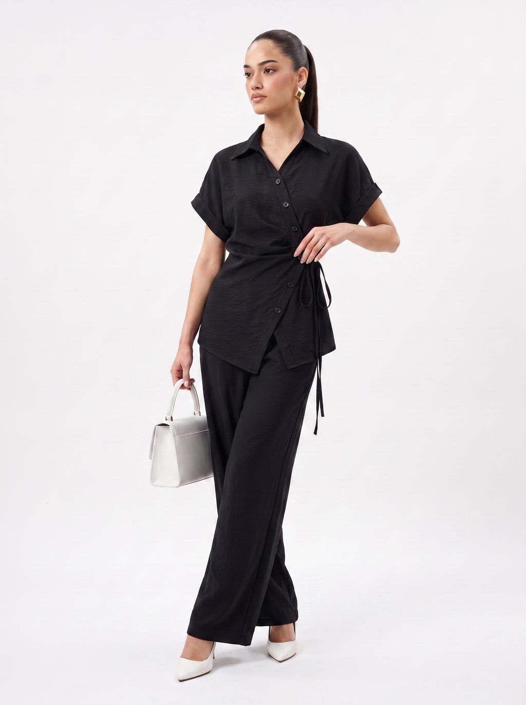Side-Tie Wrap Shirt & Wide-Leg Trousers Black Co-ord Set
