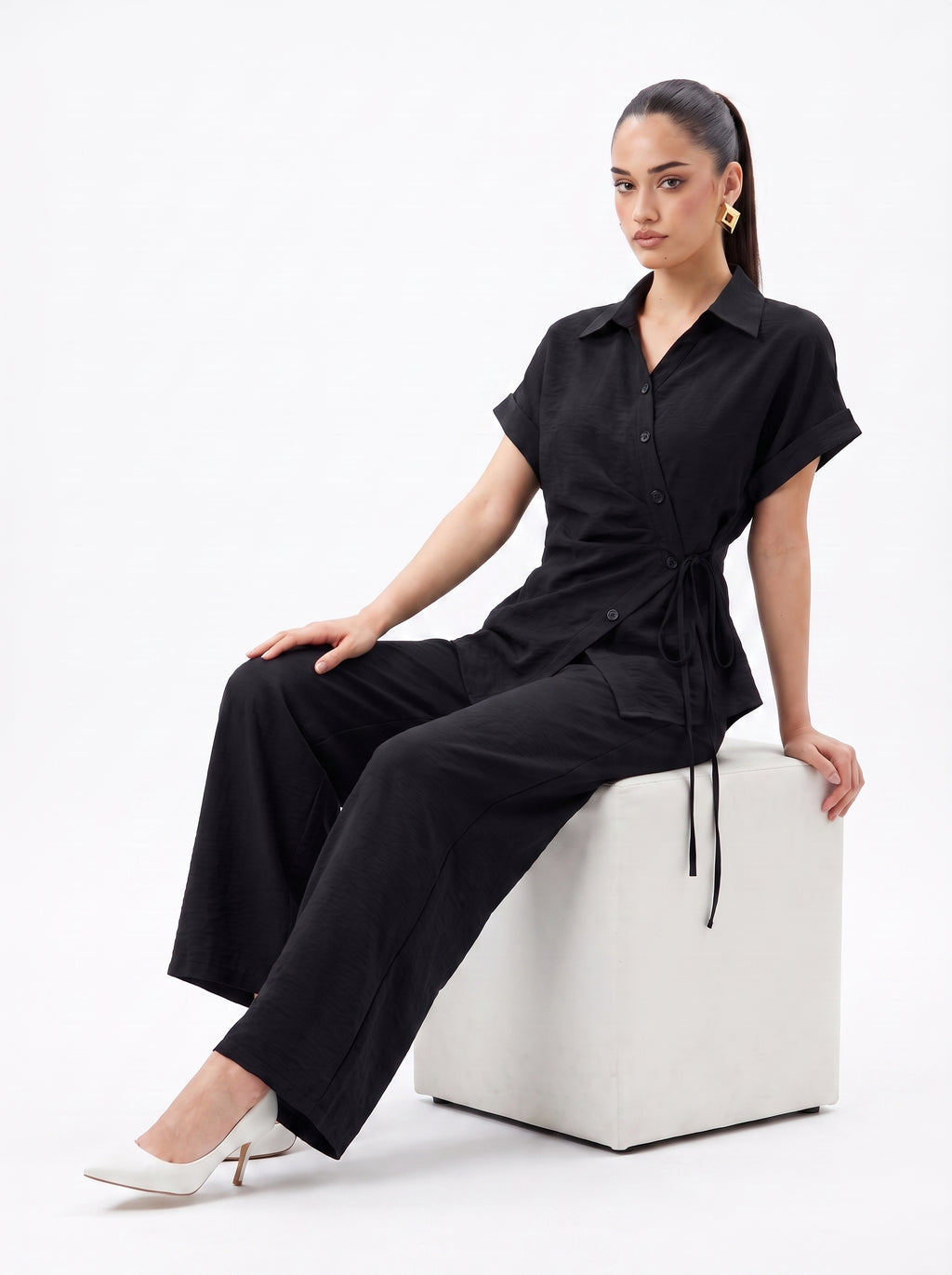 Side-Tie Wrap Shirt & Wide-Leg Trousers Black Co-ord Set