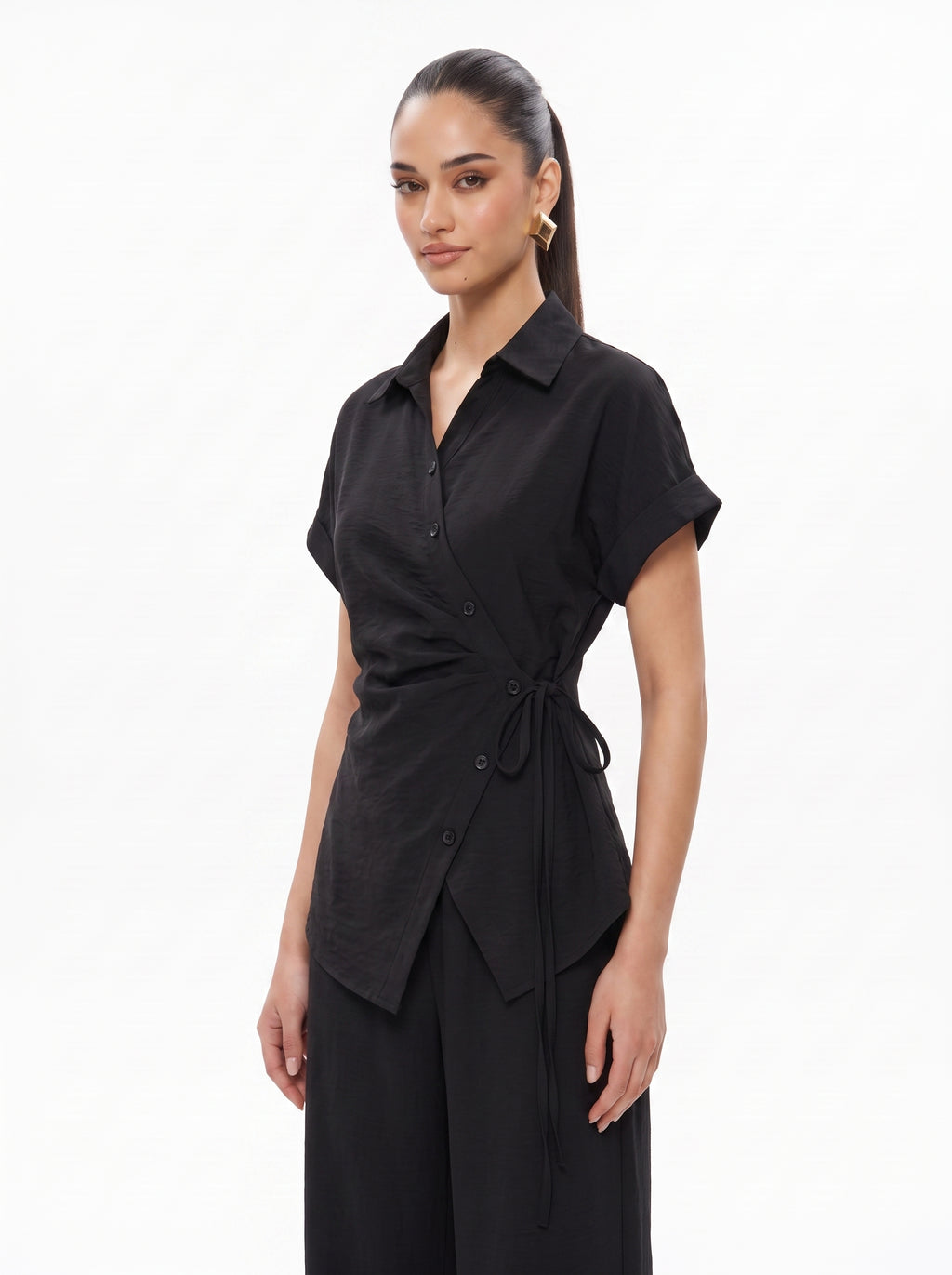 Side-Tie Wrap Shirt & Wide-Leg Trousers Black Co-ord Set