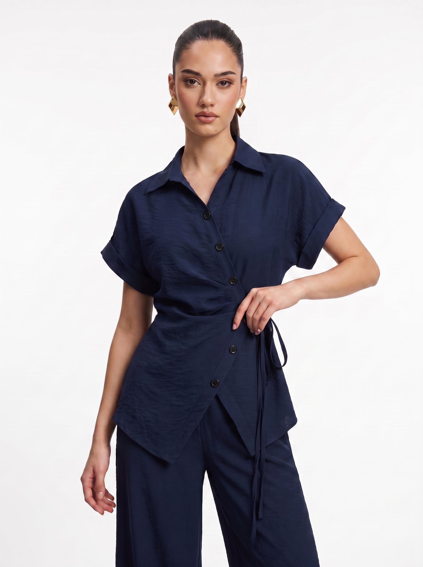 Side-Tie Wrap Shirt & Wide-Leg Trousers navy blue Co-ord Set