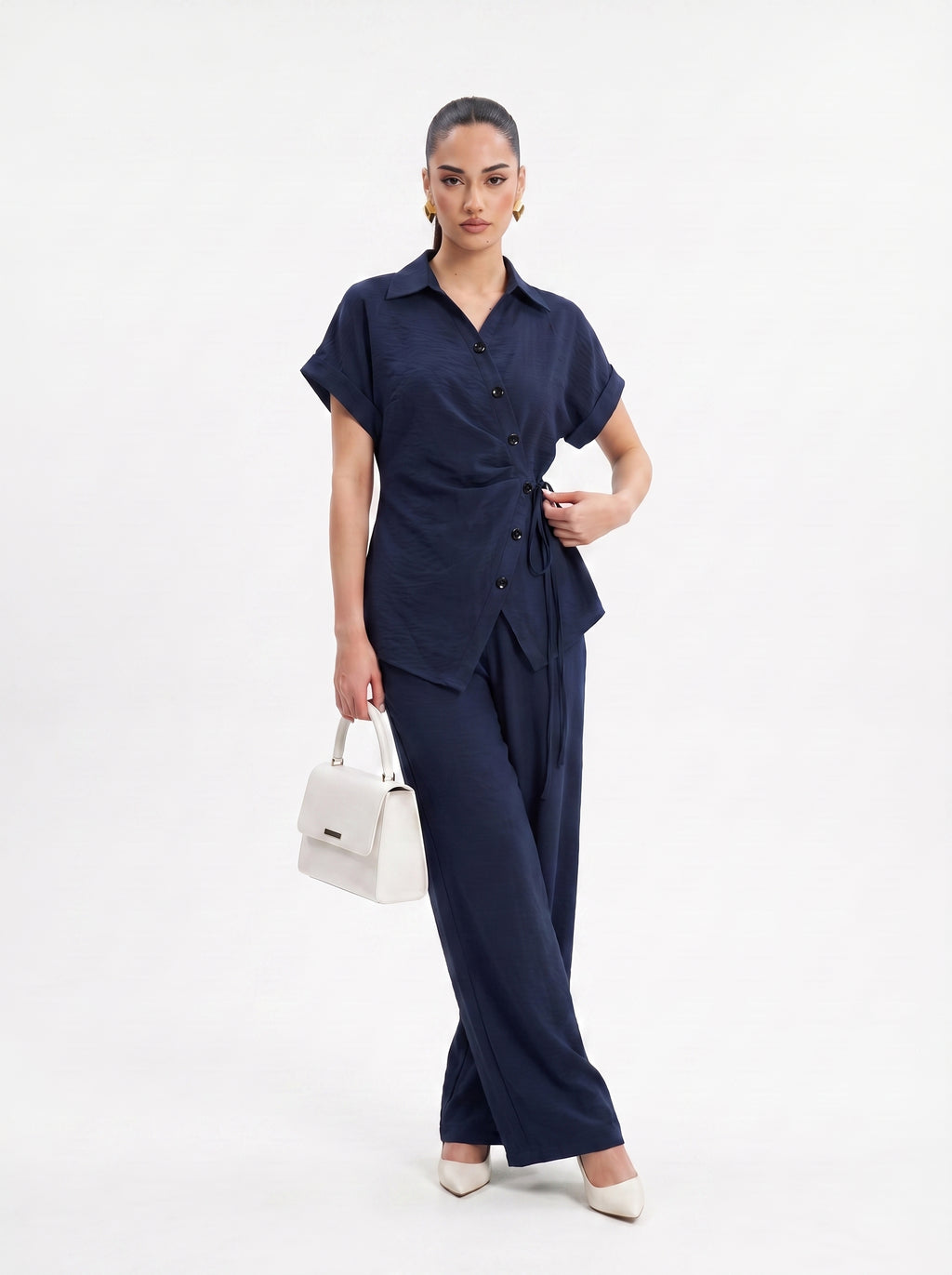Side-Tie Wrap Shirt & Wide-Leg Trousers navy blue Co-ord Set