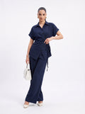 Side-Tie Wrap Shirt & Wide-Leg Trousers navy blue Co-ord Set