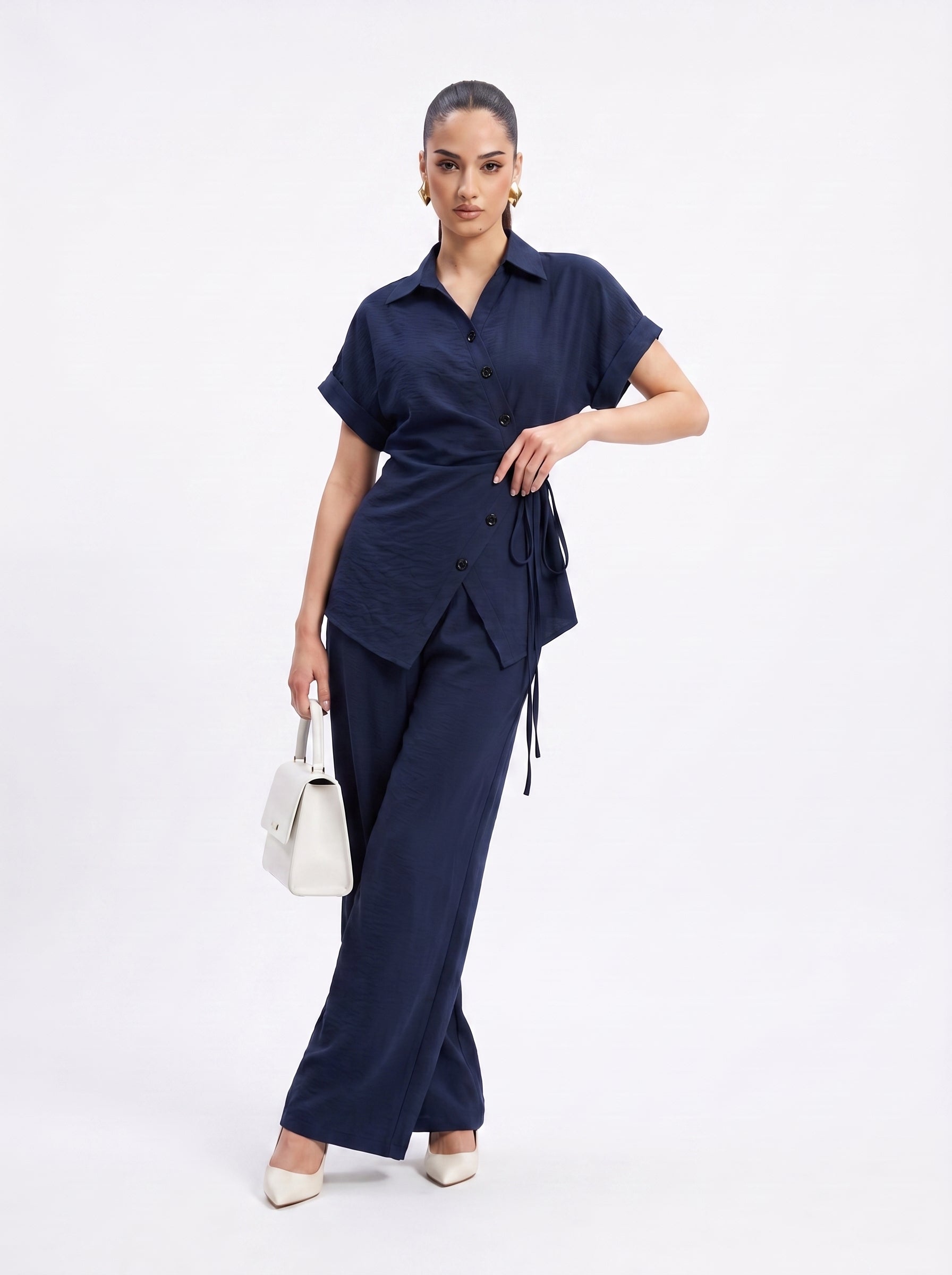 Side-Tie Wrap Shirt & Wide-Leg Trousers navy blue Co-ord Set