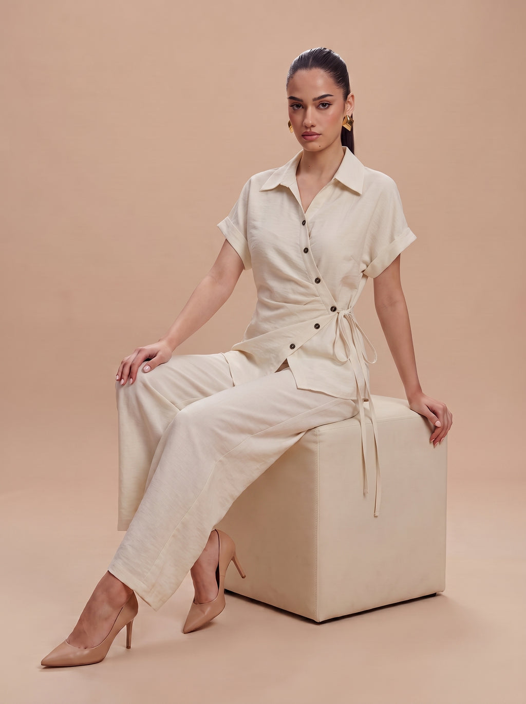 Side-Tie Wrap Shirt & Wide-Leg Trousers beige Co-ord Set