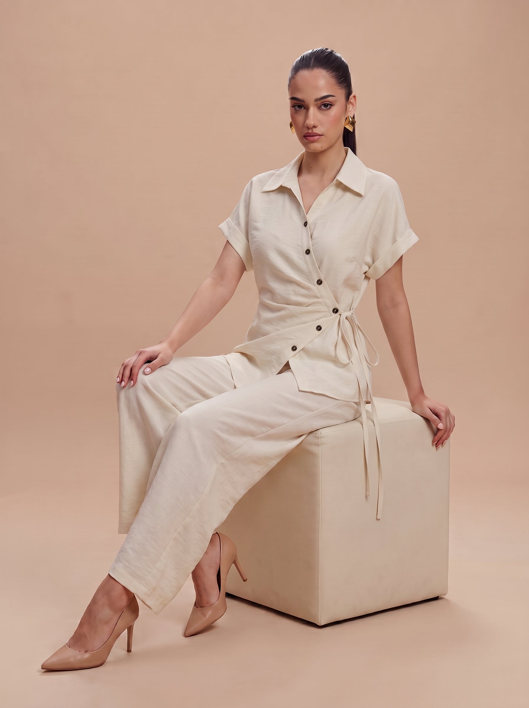Side-Tie Wrap Shirt & Wide-Leg Trousers beige Co-ord Set
