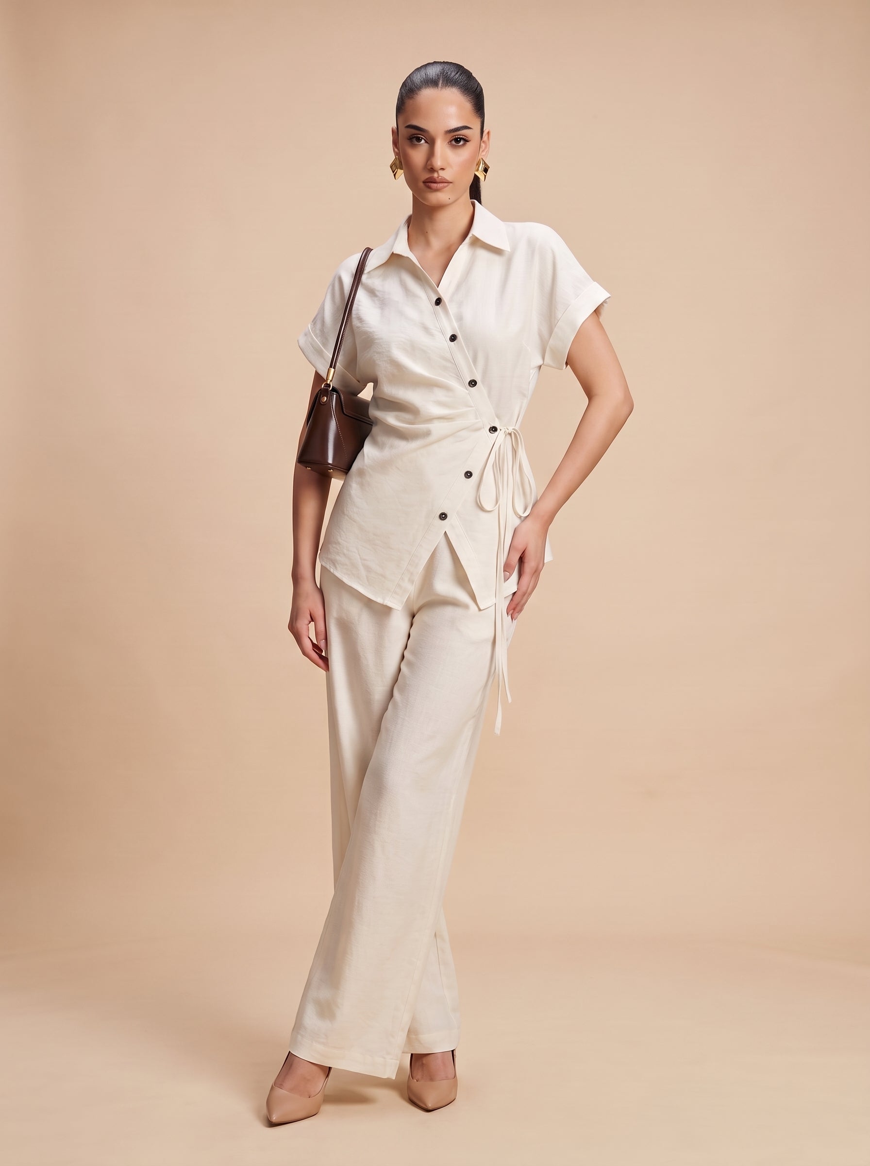 Side-Tie Wrap Shirt & Wide-Leg Trousers beige Co-ord Set