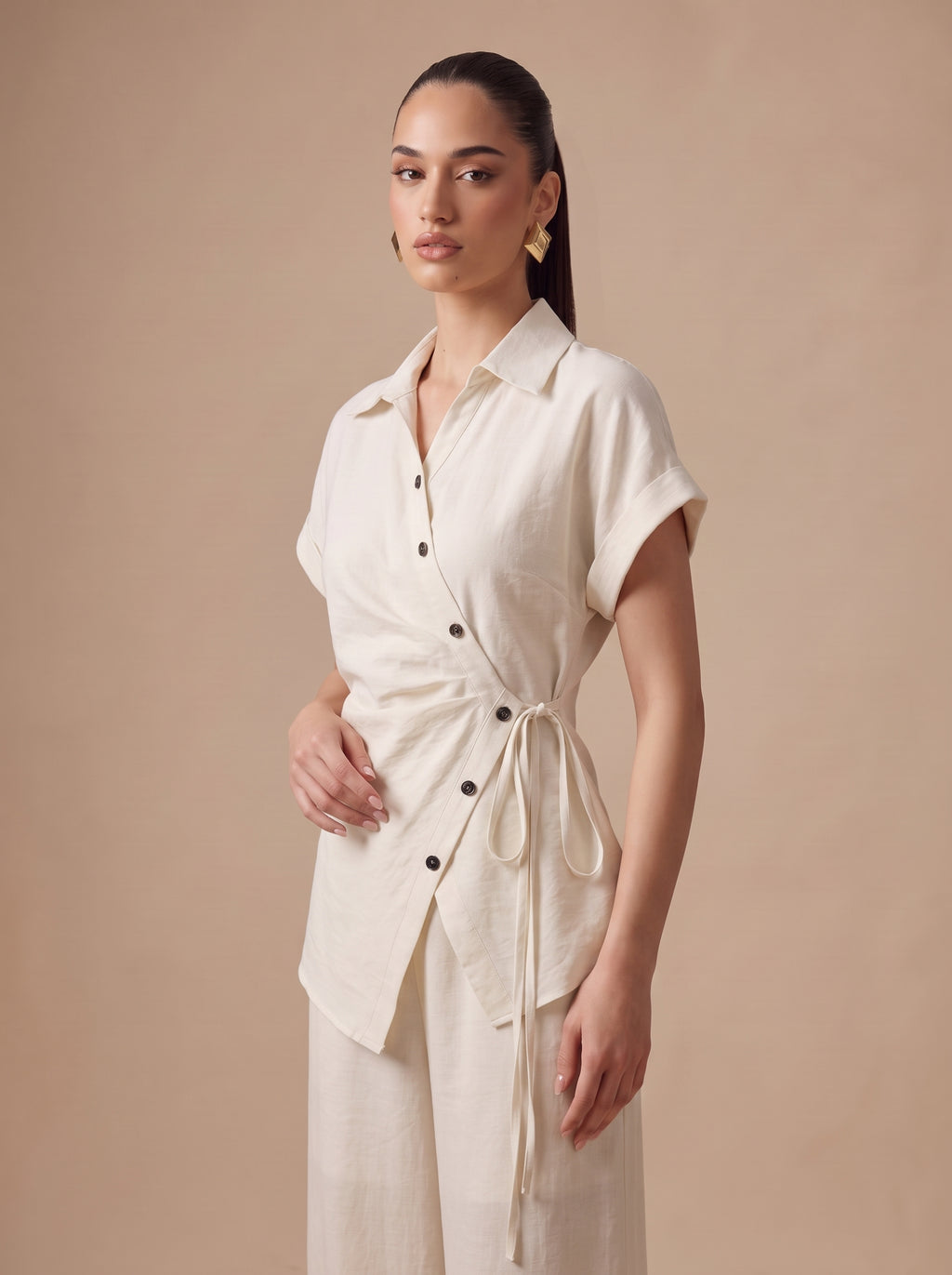 Side-Tie Wrap Shirt & Wide-Leg Trousers beige Co-ord Set