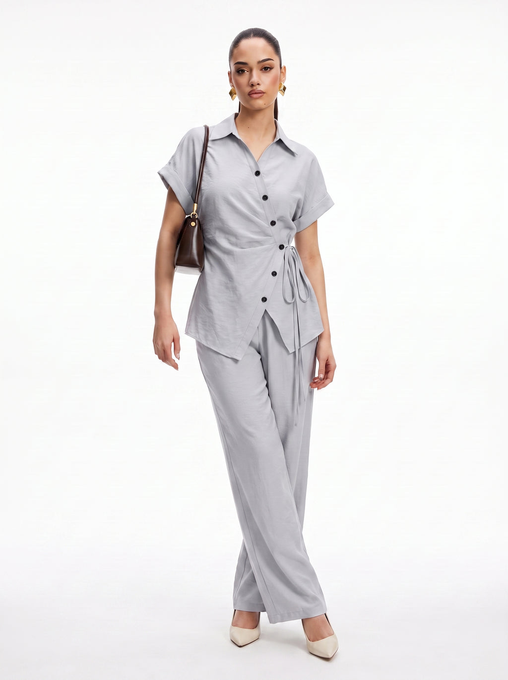 Side-Tie Wrap Shirt & Wide-Leg Trousers sky blue Co-ord Set