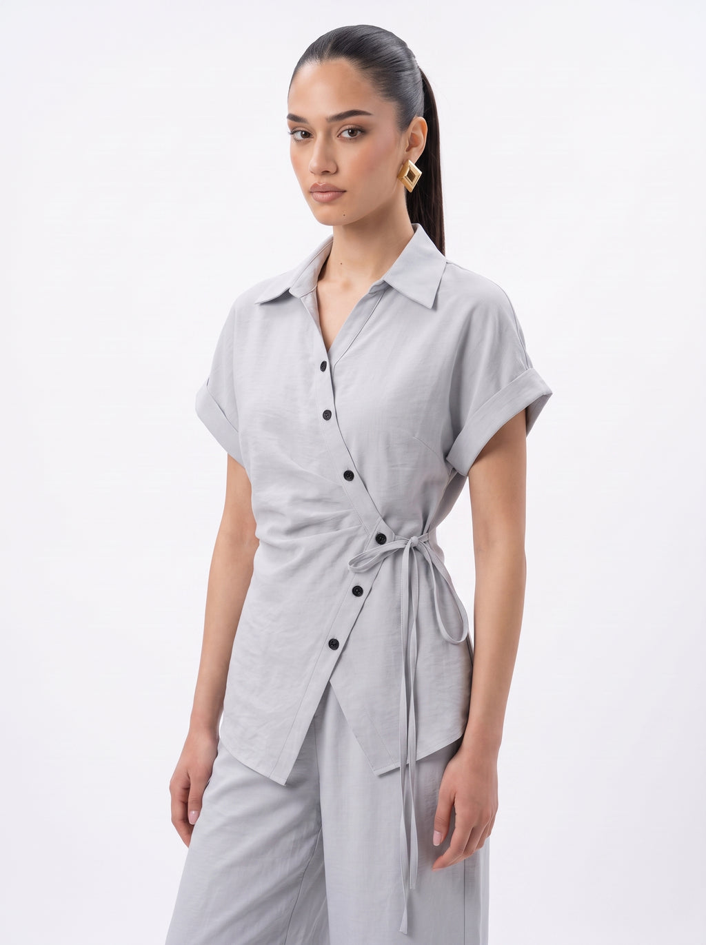 Side-Tie Wrap Shirt & Wide-Leg Trousers sky blue Co-ord Set