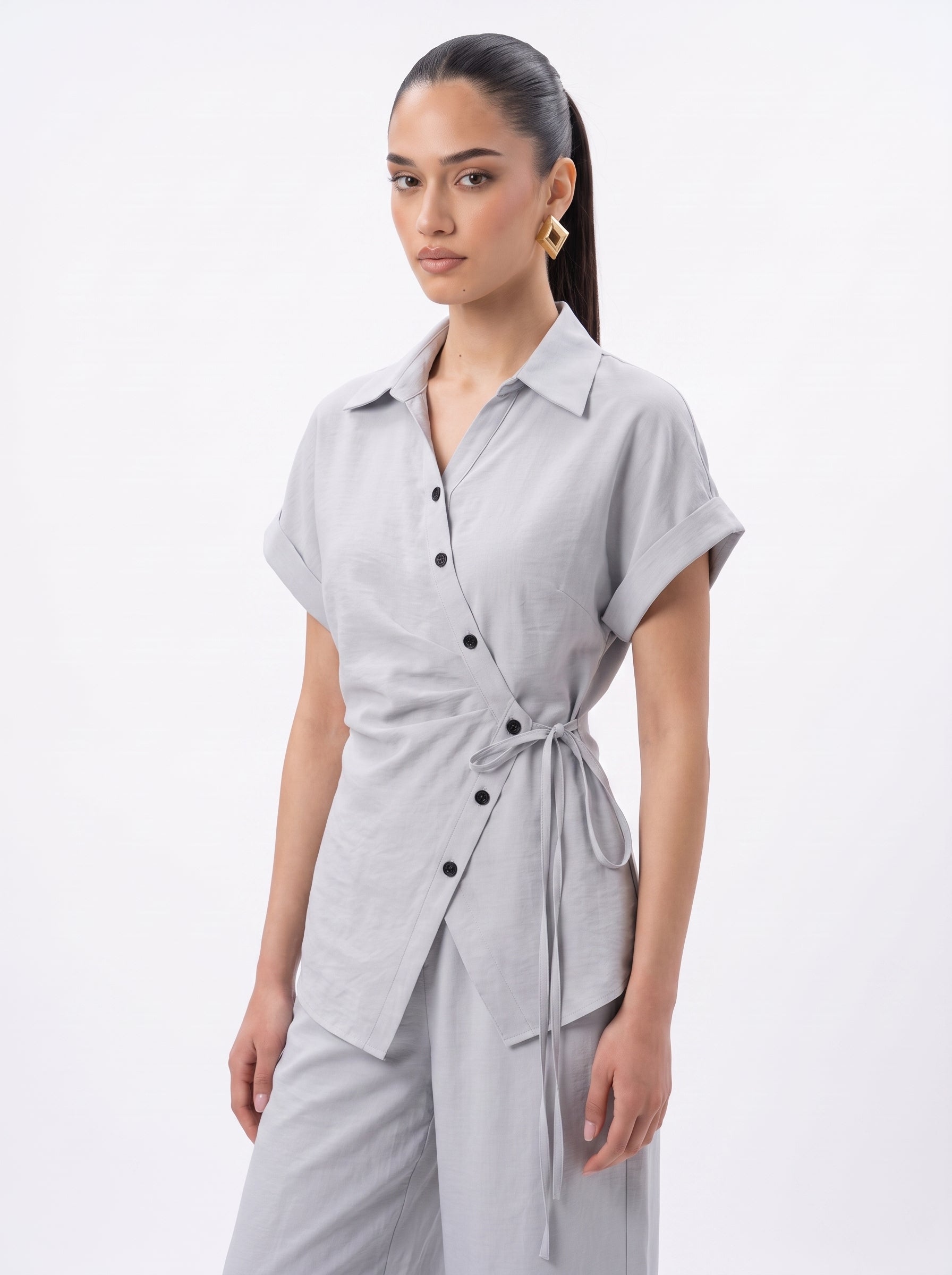 Side-Tie Wrap Shirt & Wide-Leg Trousers sky blue Co-ord Set