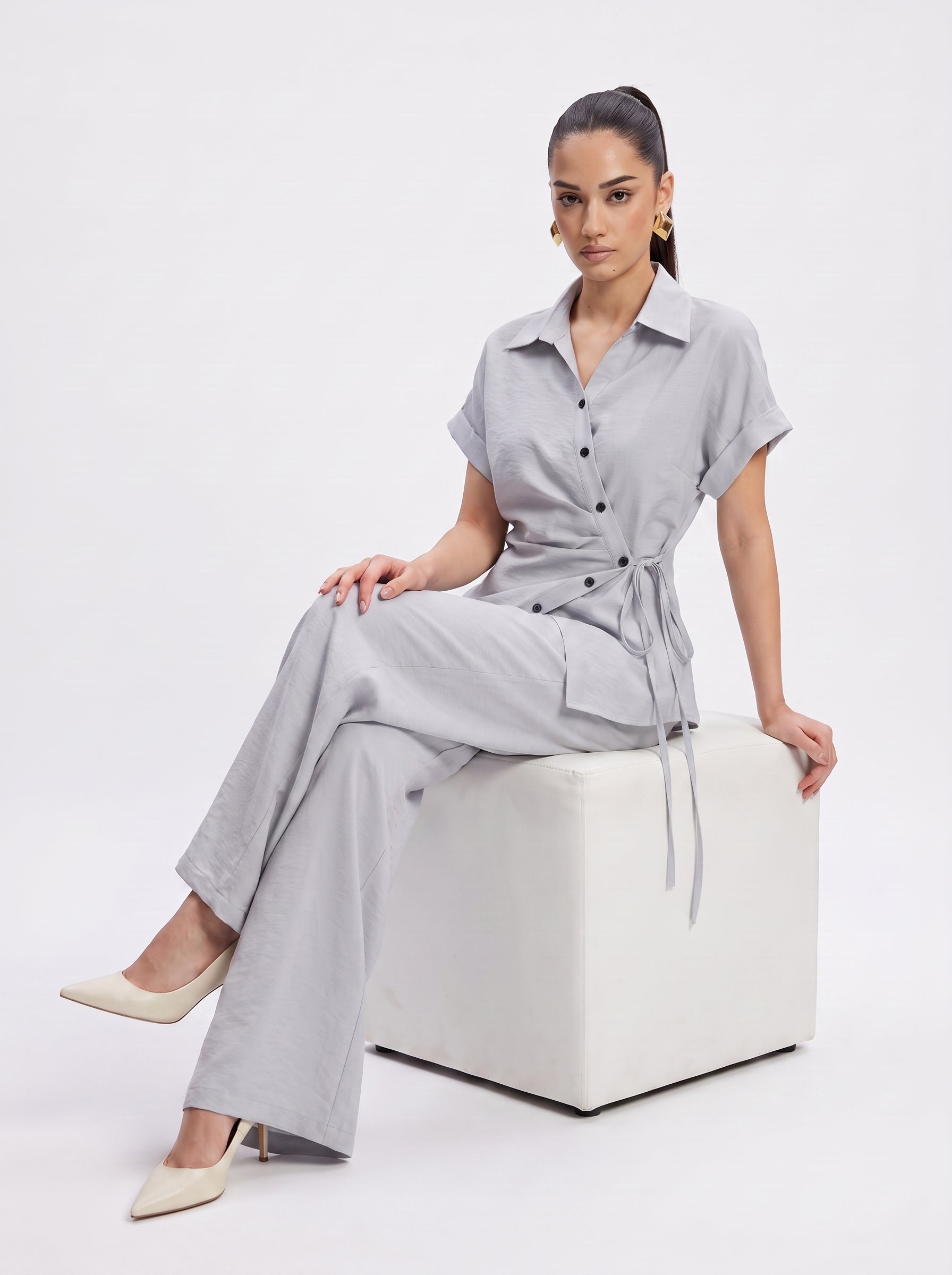 Side-Tie Wrap Shirt & Wide-Leg Trousers sky blue Co-ord Set
