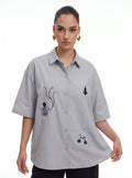 Whimsical Embroidered Doodle Gray Short-Sleeve Shirt