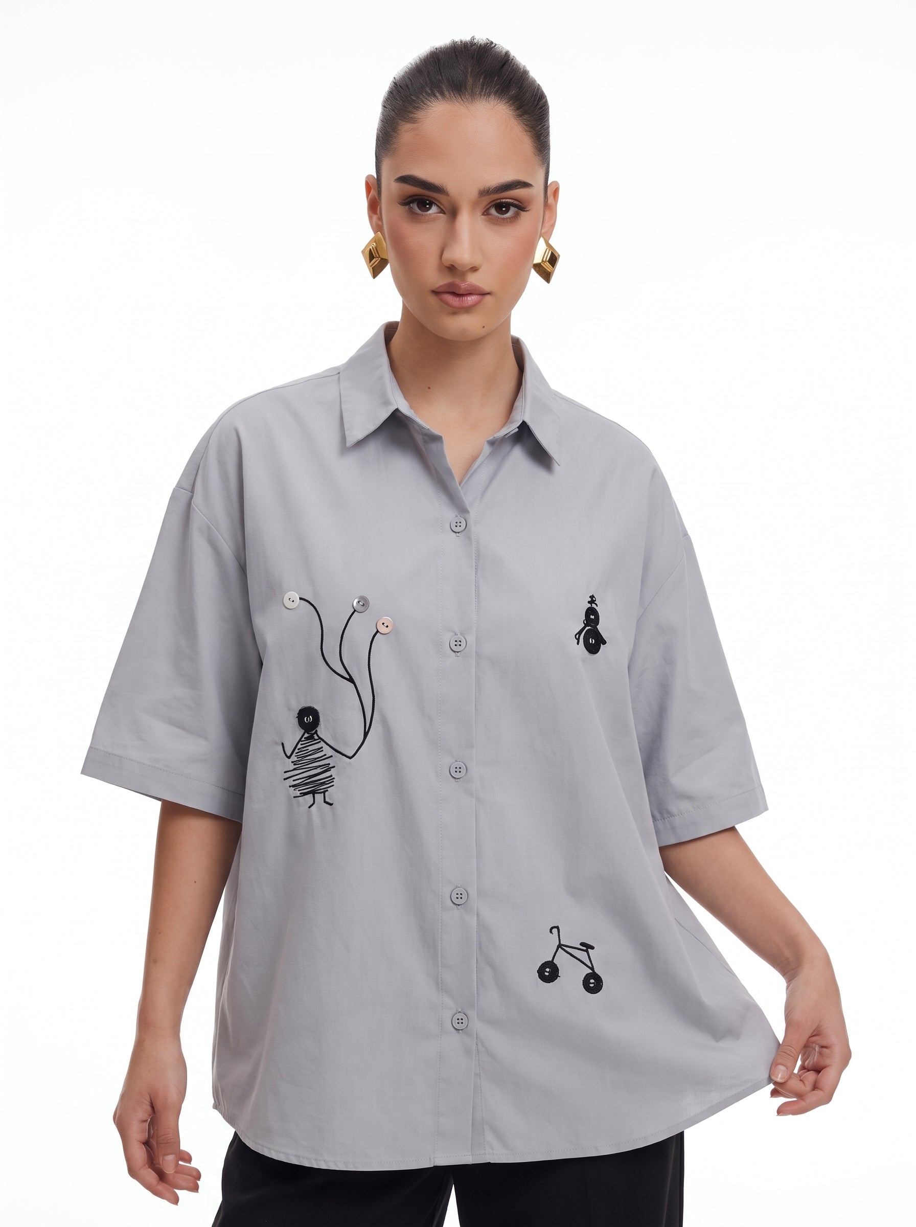 Whimsical Embroidered Doodle Gray Short-Sleeve Shirt