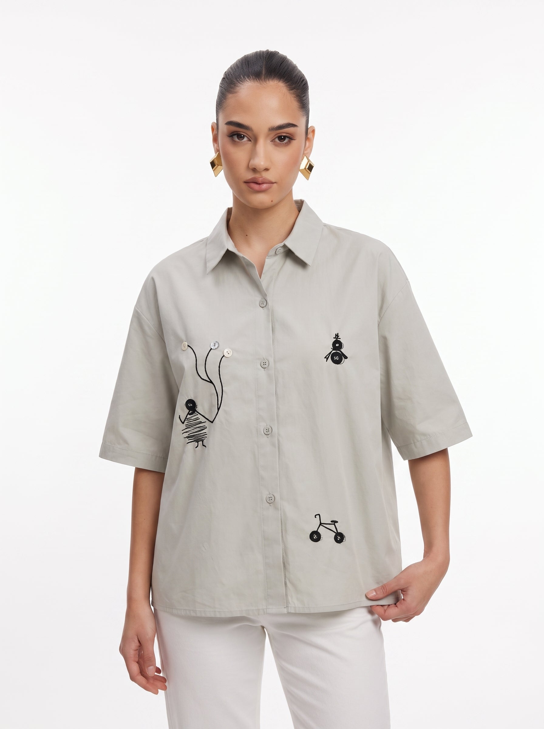 Whimsical Embroidered Doodle Beige Short-Sleeve Shirt