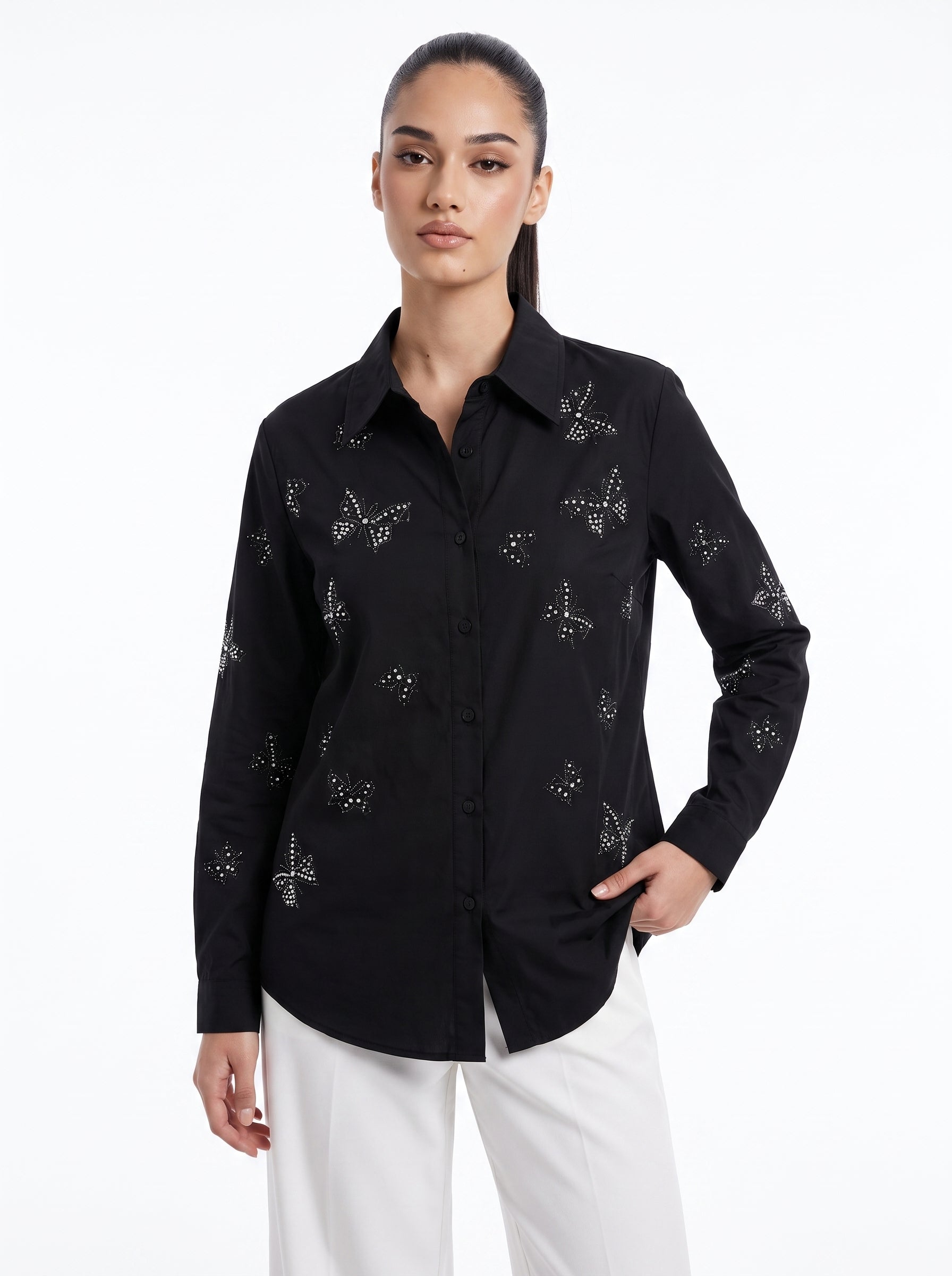 Pearl Butterfly Embellished Black Cotton Shirt