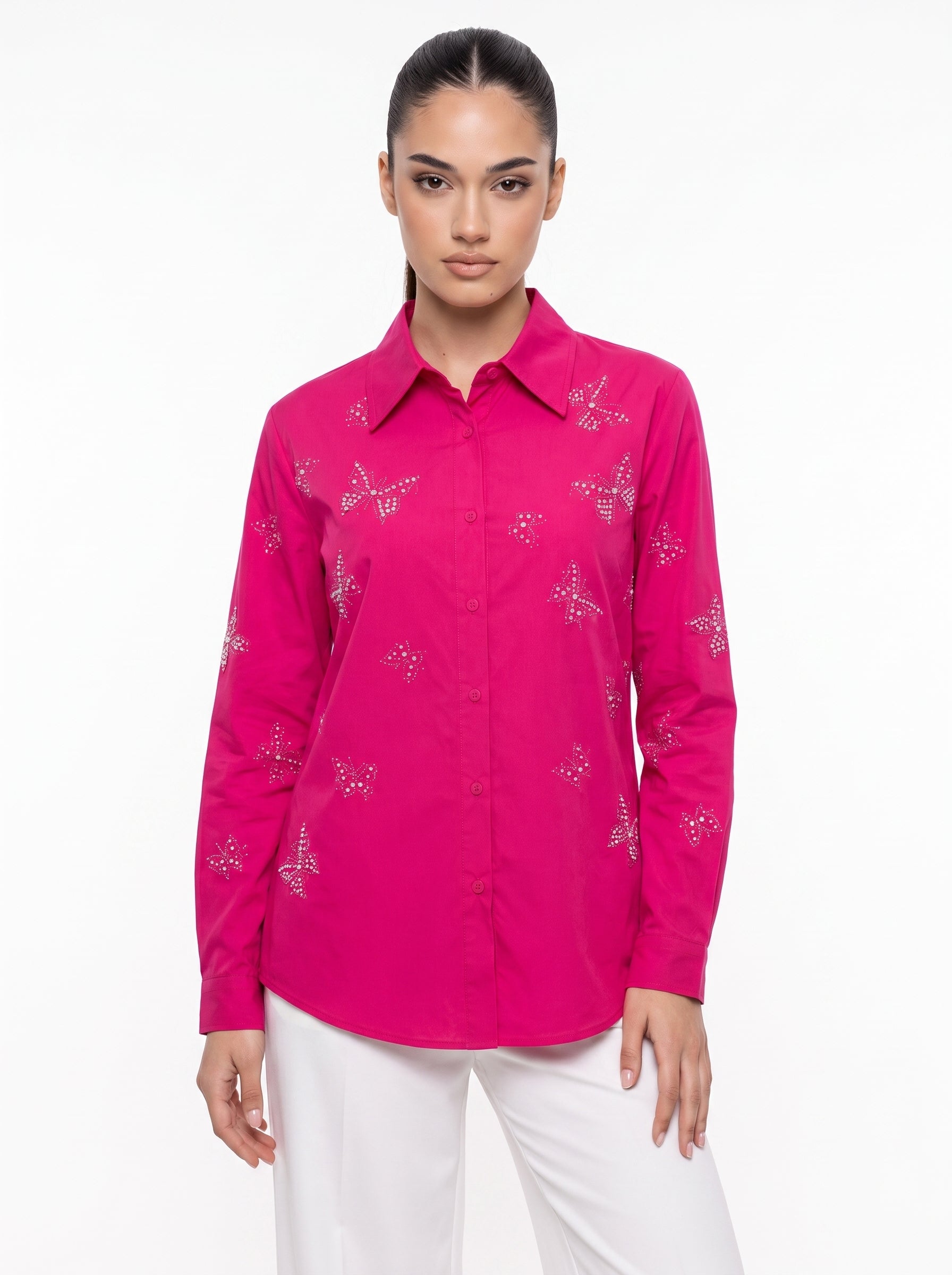 Pearl Butterfly Embellished Rani Pink Cotton Shirt