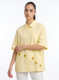 3D Pom-Pom Floral Embroidered Yellow Short-Sleeve Shirt
