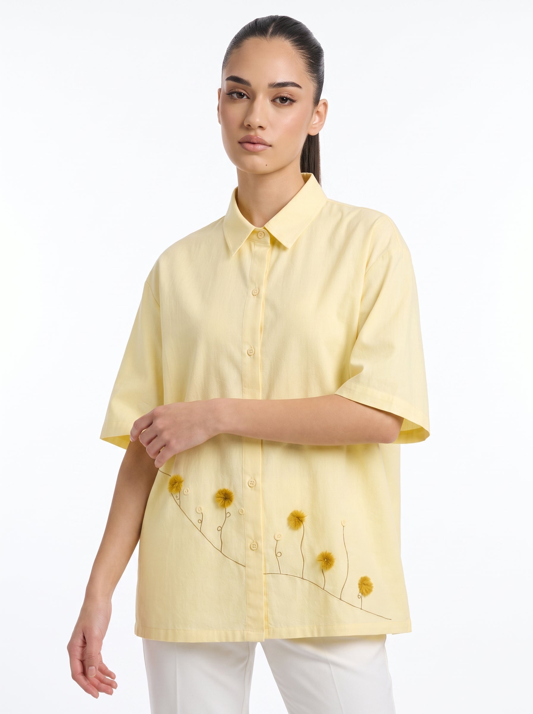 3D Pom-Pom Floral Embroidered Pink Short-Sleeve Shirt