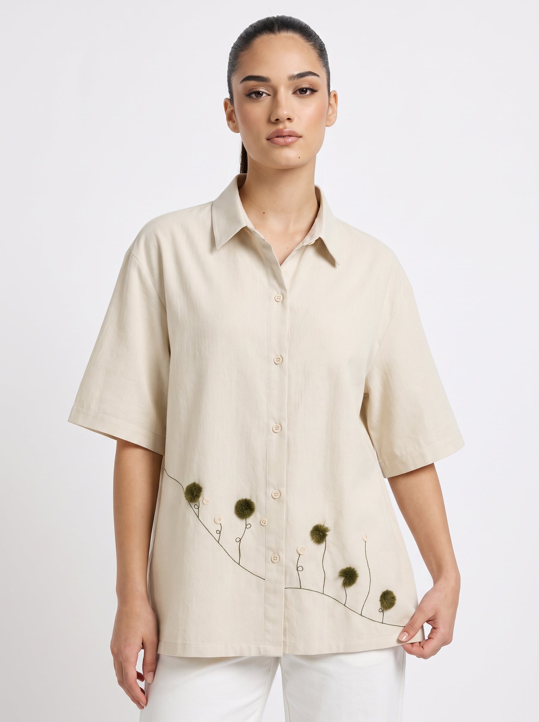 3D Pom-Pom Floral Embroidered Pink Short-Sleeve Shirt