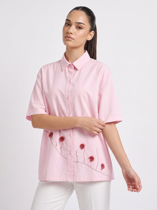3D Pom-Pom Floral Embroidered Beige Short-Sleeve Shirt
