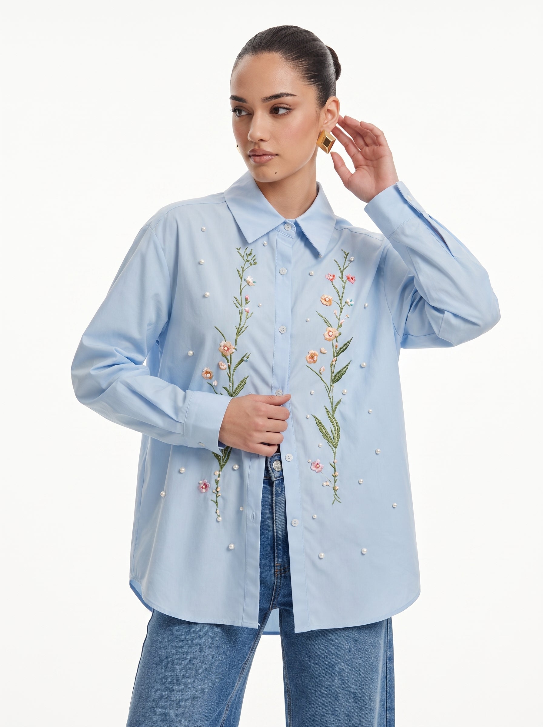 Wildflower & Pearl Embroidered blue Oversized Shirt