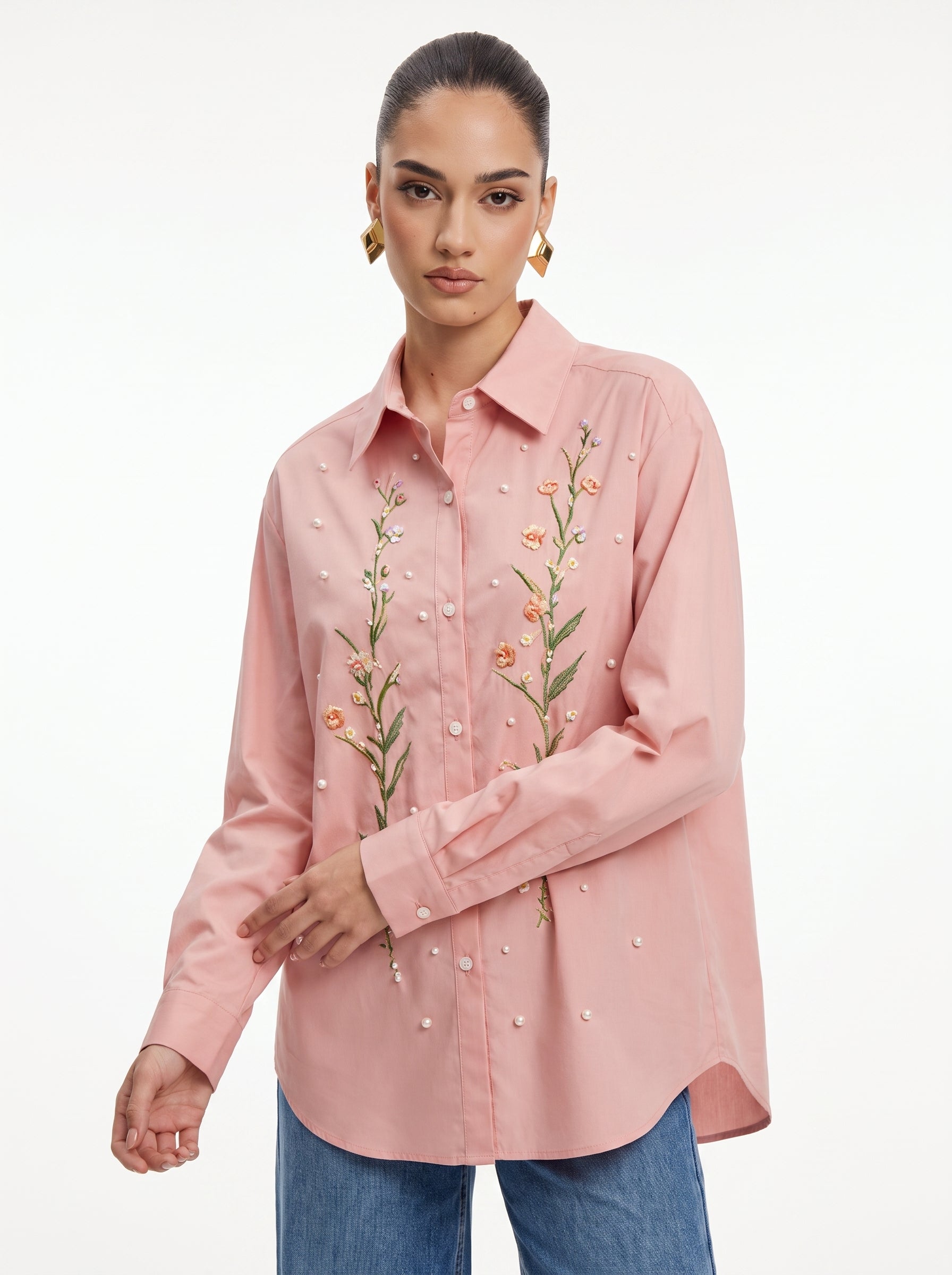 Wildflower & Pearl Embroidered pink Oversized Shirt