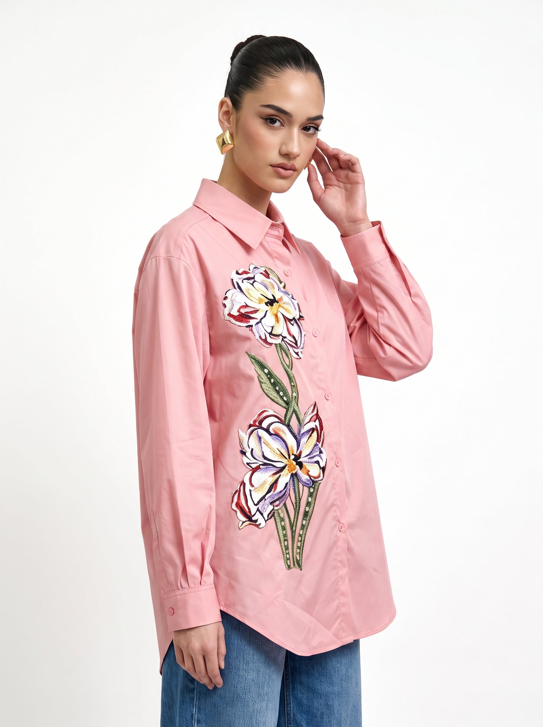 Artistic Iris Floral Embroidered Pink Oversized Shirt
