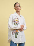 Artistic Iris Floral Embroidered WHITE Oversized Shirt