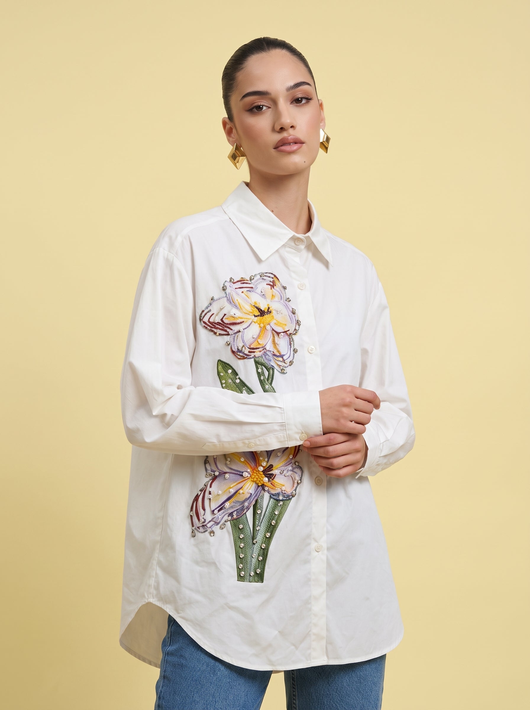 Artistic Iris Floral Embroidered Pink Oversized Shirt