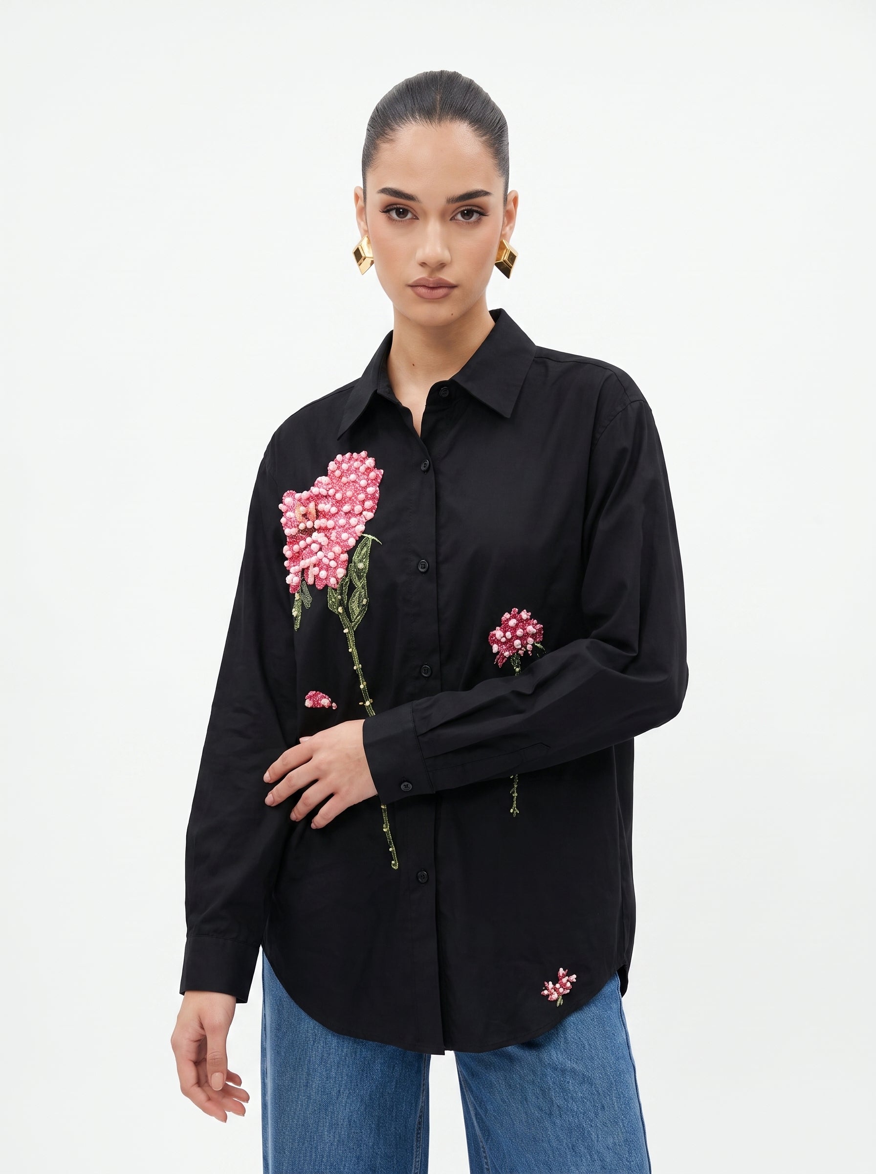 3D Hydrangea Floral Beaded BLACK Cotton Shirt