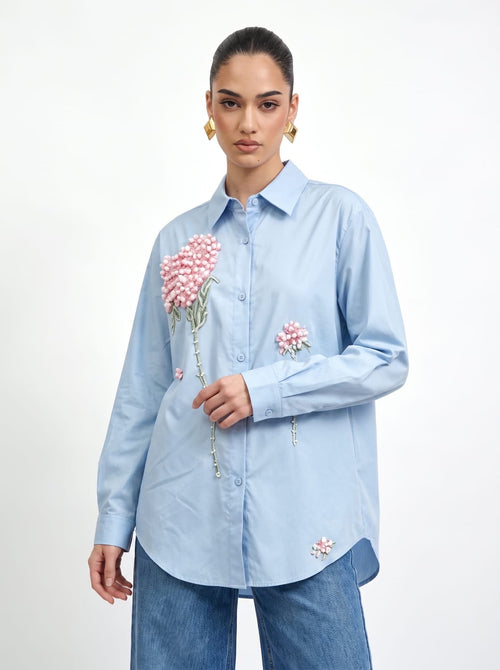 3D Hydrangea Floral Beaded BLACK Cotton Shirt