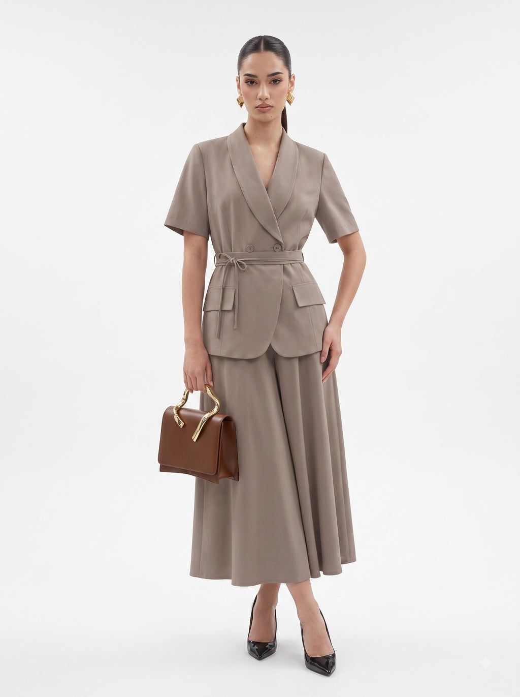 Double-Breasted Blazer Top & Skirt BEIGE BROWN  Co-ord Set
