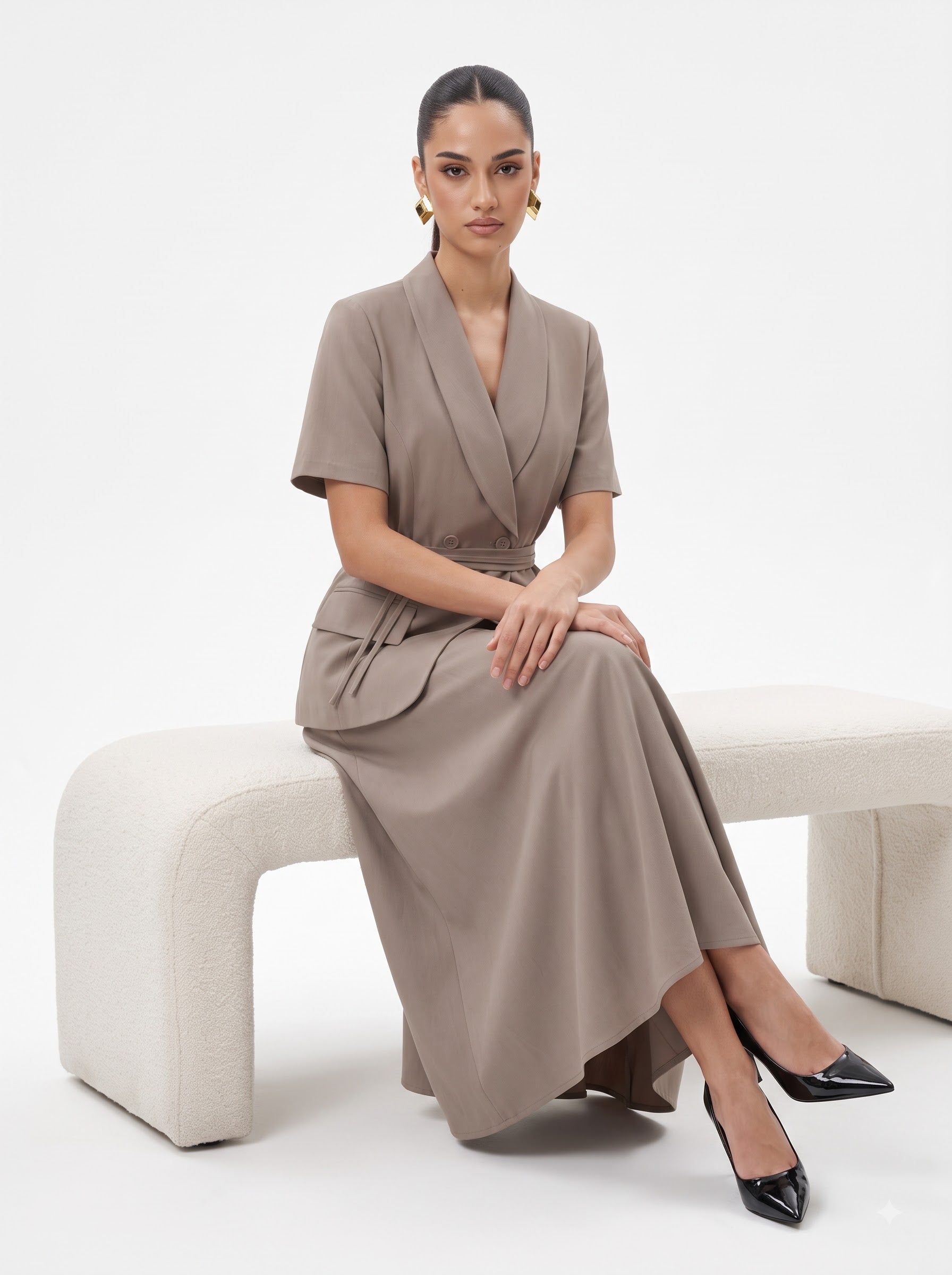 Double-Breasted Blazer Top & Skirt BEIGE BROWN  Co-ord Set