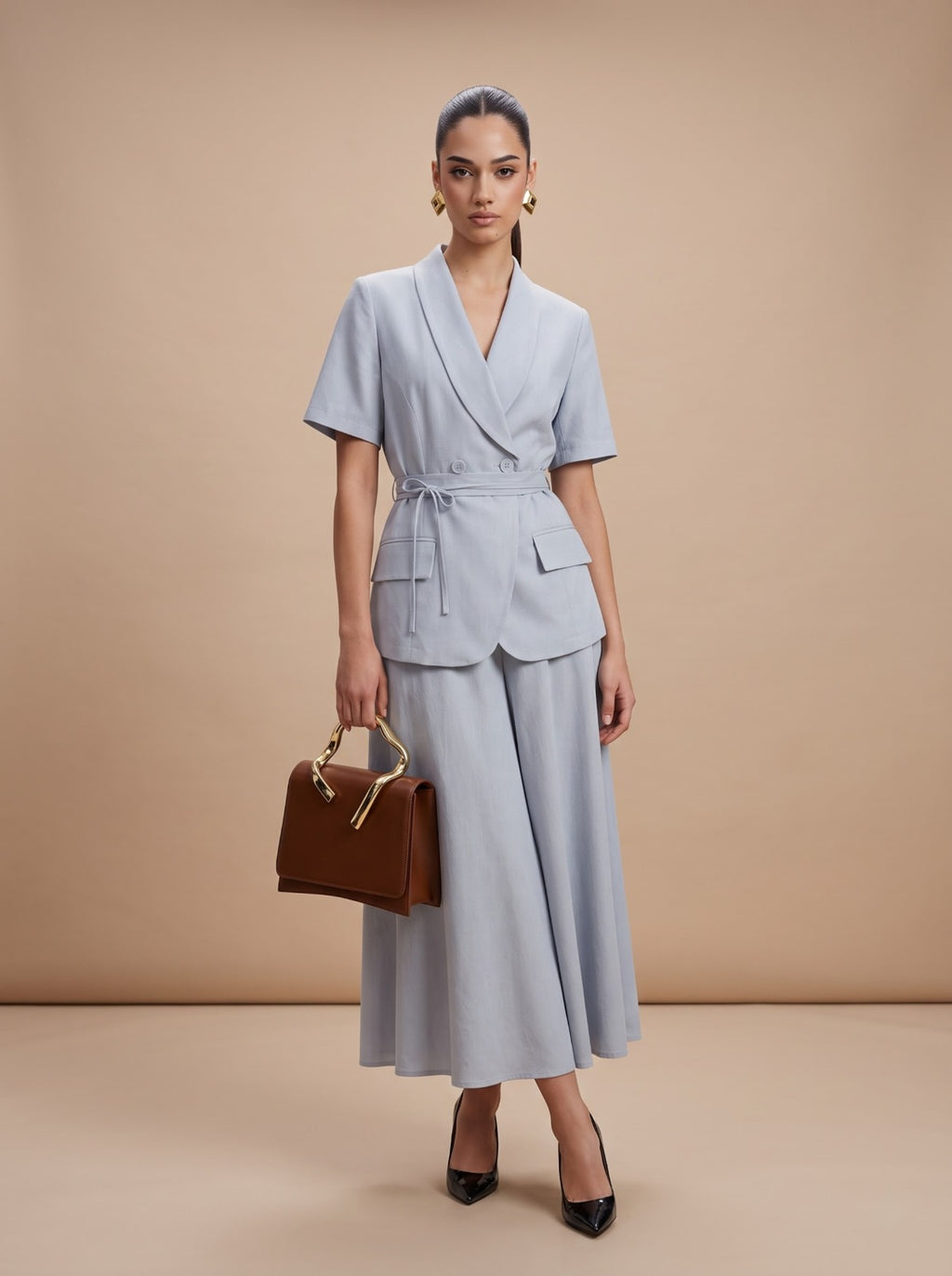 Double-Breasted Blazer Top & Skirt LIGHT BLUE Co-ord Set