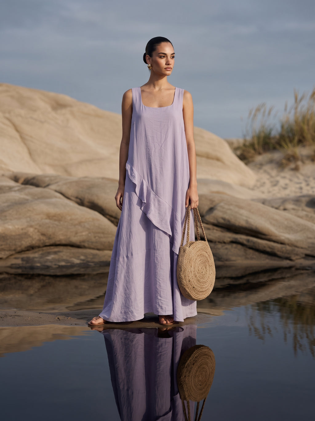 Asymmetric Ruffle Lavender Midi Dress