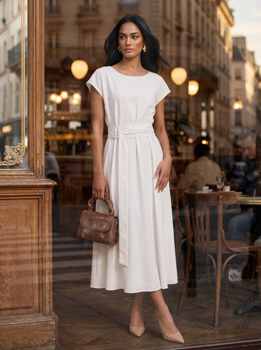 Belted Off-White Cap-Sleeve Midi Dress