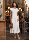 Belted Off-White Cap-Sleeve Midi Dress
