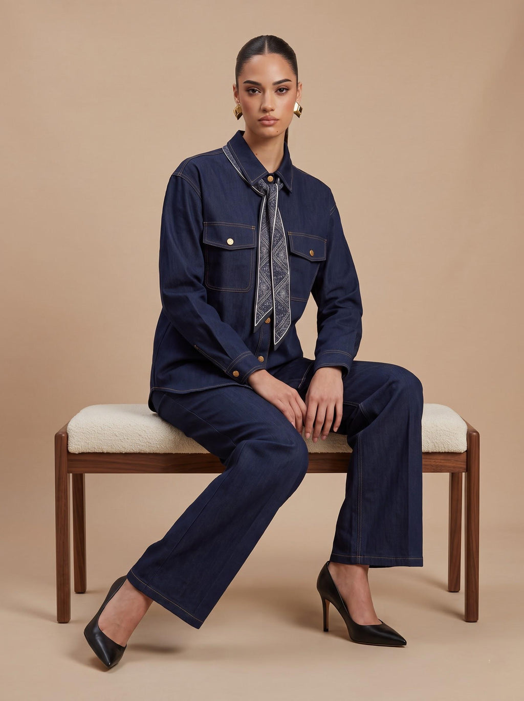 Contrast-Stitch Shirt, Scarf & Trousers denim blue 3-Piece Set