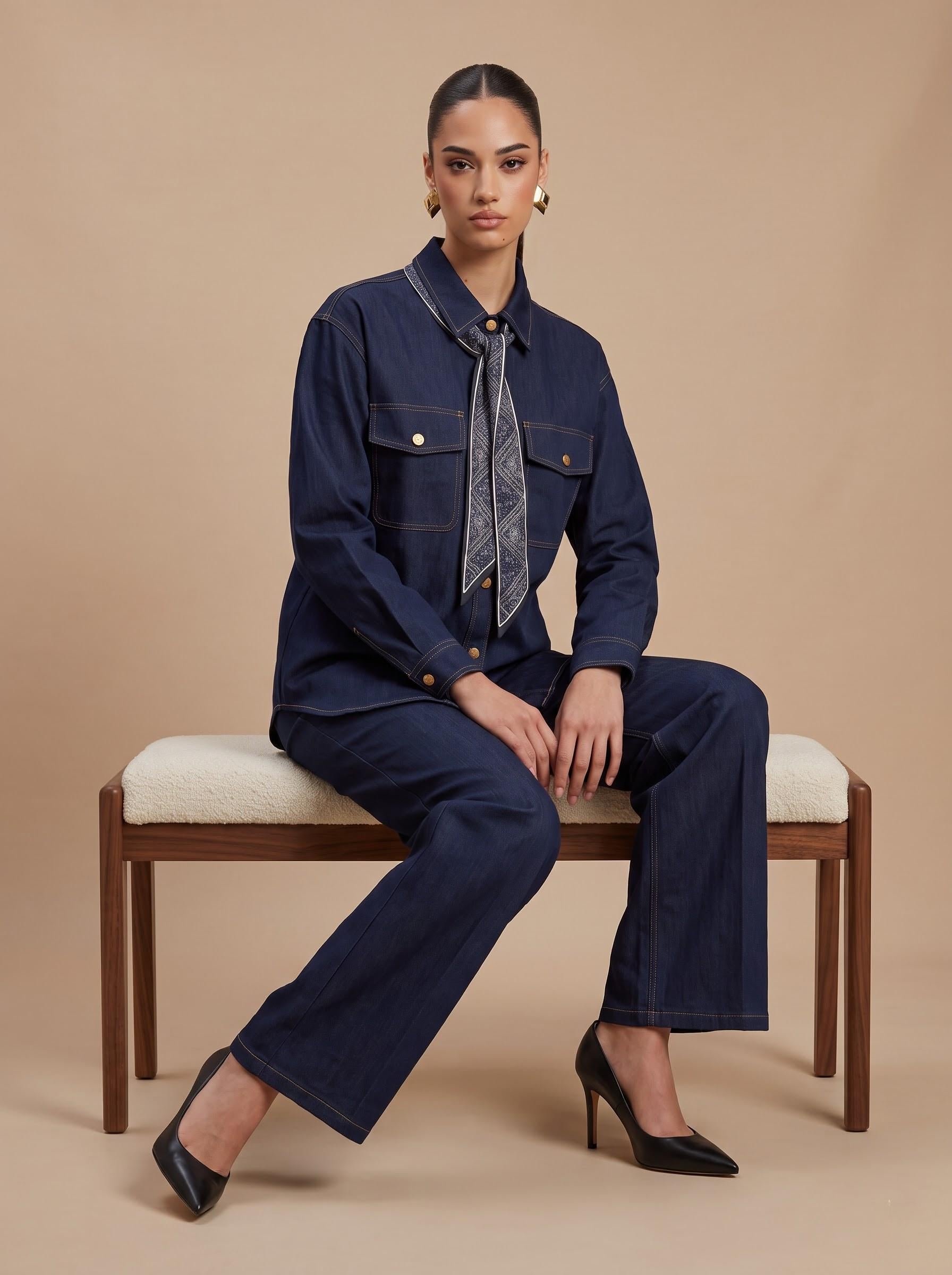 Contrast-Stitch Shirt, Scarf & Trousers denim blue 3-Piece Set