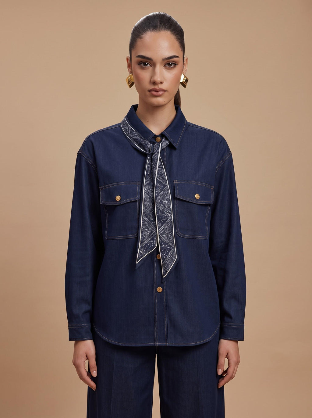 Contrast-Stitch Shirt, Scarf & Trousers denim blue 3-Piece Set