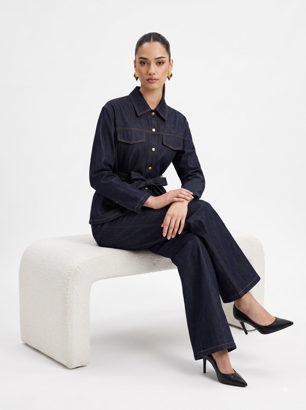 Belted Contrast-Stitch Jacket & Trousers Indigo Blue Co-ord Set