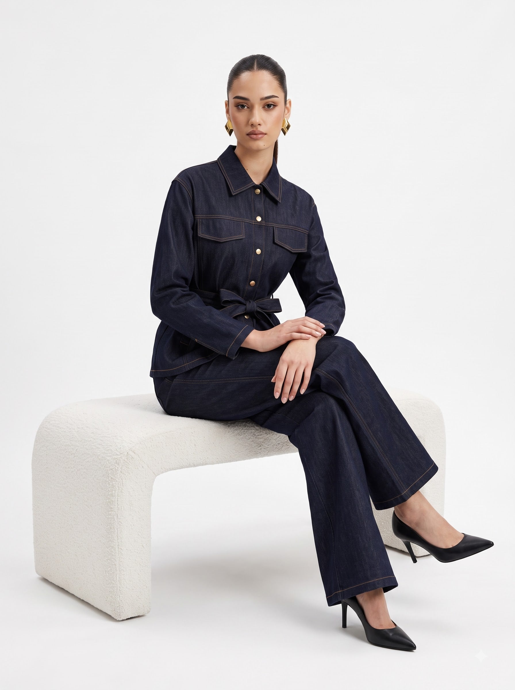 Belted Contrast-Stitch Jacket & Trousers Indigo Blue Co-ord Set