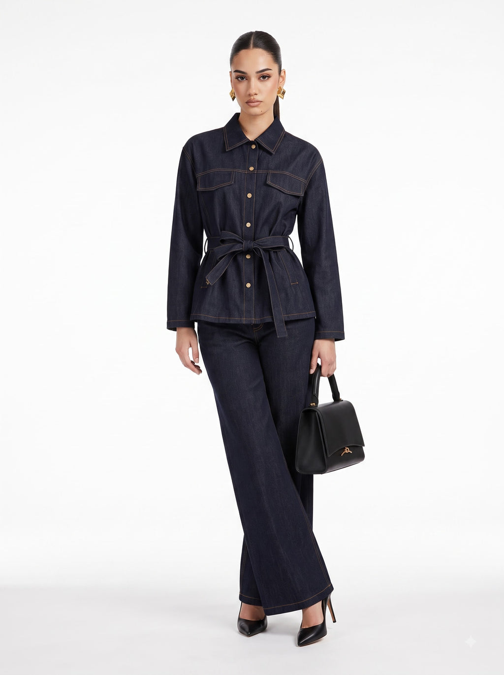 Belted Contrast-Stitch Jacket & Trousers Indigo Blue Co-ord Set